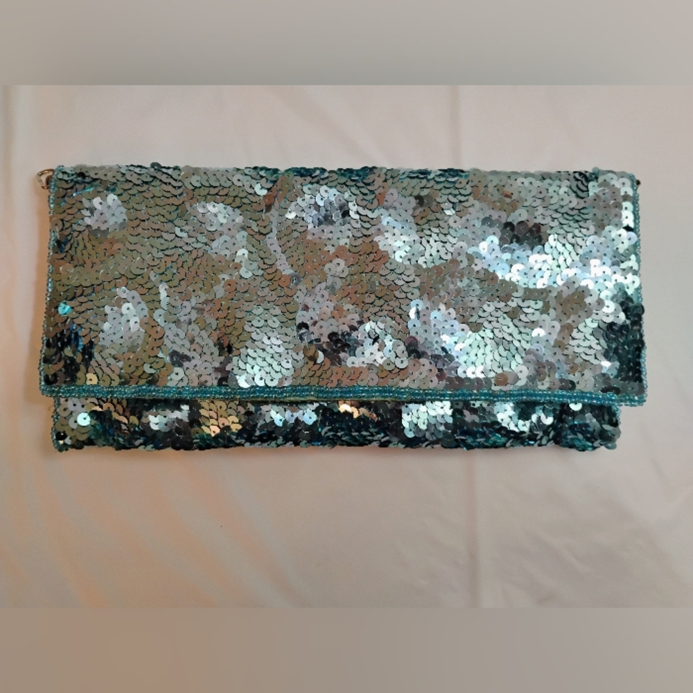 Sequin Chain Strap Clutch - Blue